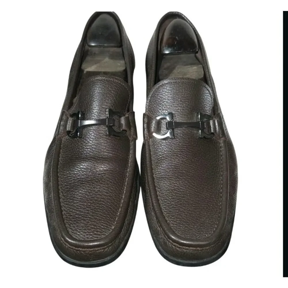 Ferragamo Grandioso Gancini Bit Brown Pebble Leather Loafers Men’s Sz 12 D
